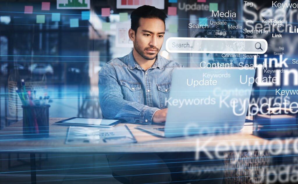 Employee on digital technology internet and office browsing overlay on website