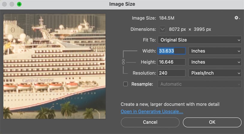 100 percent zoom crop of Miami skyline drone panorama showing legible text on distant cruise ship and Image Size dialog showing 8,643 pixel wide drone panorama at 300 DPI resolution.