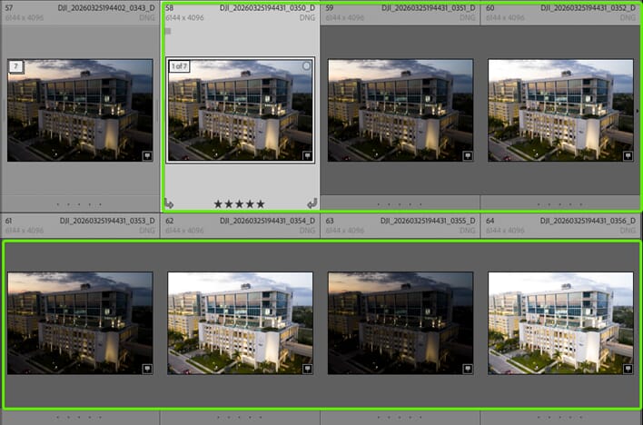 A grid view of seven bracketed RAW exposures of an architectural drone shot captured with a Mavic 4 Pro. The thumbnails show varying exposure levels from dark to light, intended for manual exposure blending to achieve maximum dynamic range in the final hospitality hero shot.