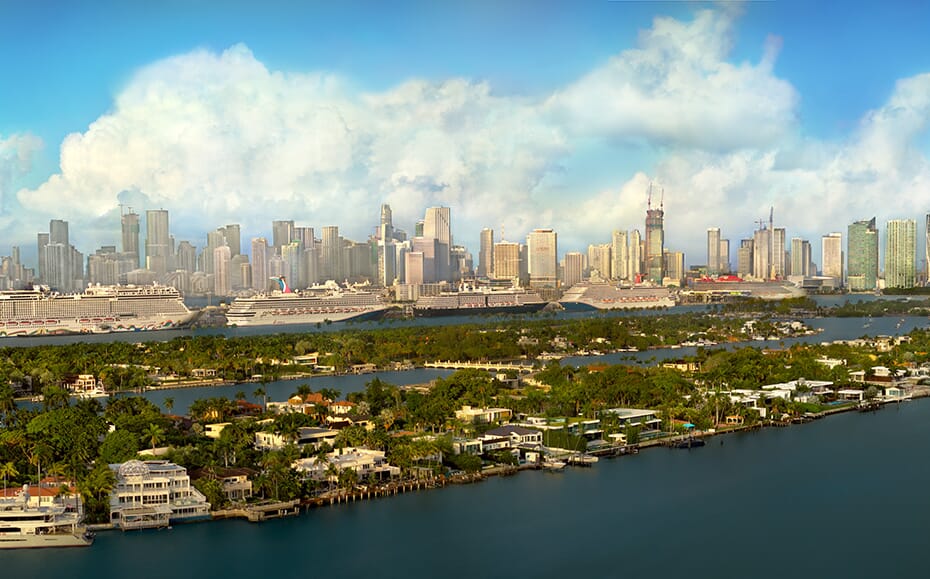 Vibrant teal and orange Miami skyline panorama, commercial-grade architectural drone photography highlighting the city's modern verticality and aspirational lifestyle.